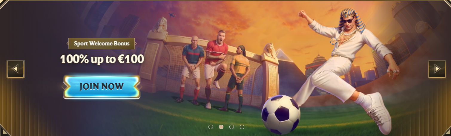Sport welcome bonus banner offering 100% up to €100 with a “Join Now” button, featuring football players and a dynamic stadium-style scene.