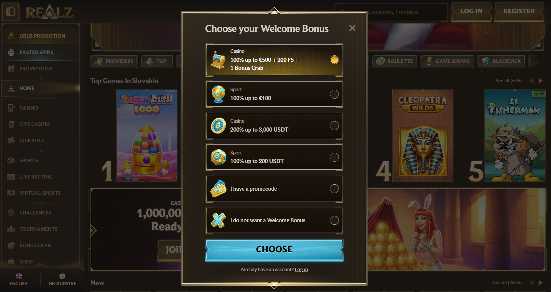 Casino welcome bonus selection modal offering multiple options including 100% up to €500 + 200 FS, sports bonuses, crypto bonuses in USDT, promo code entry, and a “Choose” confirmation button.
