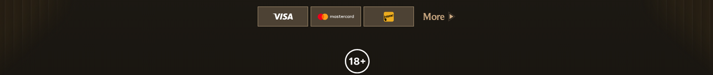 Casino footer with Visa, Mastercard, and Jeton payment options, a “More” link, and an 18+ age restriction badge on a dark background.